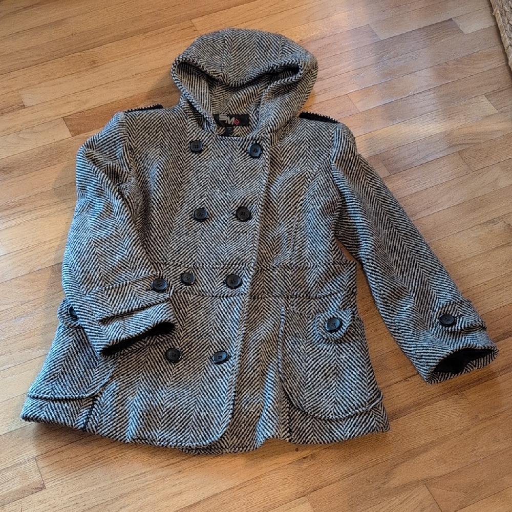 SM New York Black and White Herringbone Pea Coat